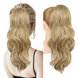 REECHO Ponytail Extension, Drawstring Ponytail Extension Long Wavy Layered Pony Tails Hair Extensions 22inch Natural Fake Ponytail Clip in Synthetic Hairpiece for Women, Dark Blonde with Highlights