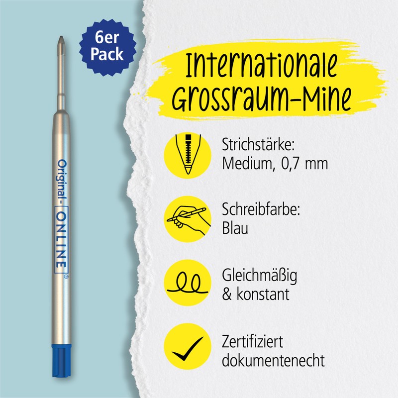 Online writing instruments, 6 ballpoint pen refills, blue, G2 format,