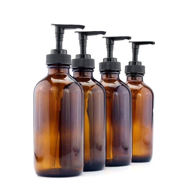 Cornucopia 8-Ounce Amber Glass Pump Bottles (4-Pack); Empty Boston Round Bottles w/Black Plastic Lotion Pumps