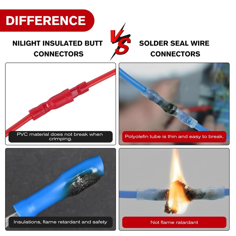 Nilight 200PCS Bullet Terminals Wire Connectors AWG 22-14 Female &