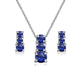 Sterling Silver Synthetic Blue Spinel Round Graduating Three Stone Stud Earrings & Necklace Set