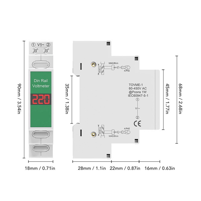 TONGOU Din Rail Voltage Meter Intelligent LCD Digital AC Voltmeter