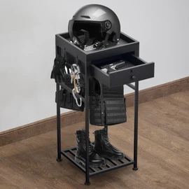 Police Gear Rack with Lockable Drawer, Tactical Duty Gear Rack with 6 Hooks,Black Police Equipment Organizer Hanger, Duty Belt & Vest Hanger, Law Enforcement Gear Holder Police Gifts with Flag.