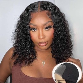 Wear and Go Glueless Wigs Human Hair Pre Plucked 4x4 HD Lace Closure Wigs Pre Cut for Beginners Glueless Deep Wave Bob Wigs Human Hair for Black Women Beginner Friendly Natural Black 14 Inch