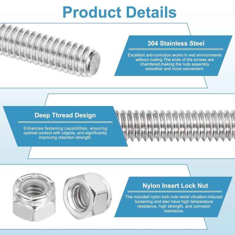 PATIKIL 2 Piece Cutting Bolts with 4 Hex Nuts 304
