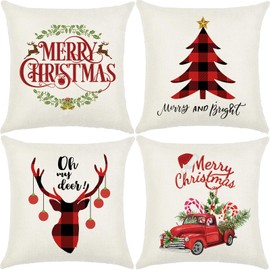 AUMA Christmas Throw Pillow Covers 18x18 inch - Christmas Decorations Tree Reindeer Pillow Cushion Covers Home Decorative Pillowcase for Couch Sofa Bed Breathable Linen with Hidden Zipper
