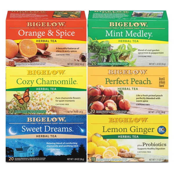 Bigelow Tea Herbal Tea 6 Flavor Variety Pack, Caffeine Free, (Pack of 6) 118 Tea Bags Total