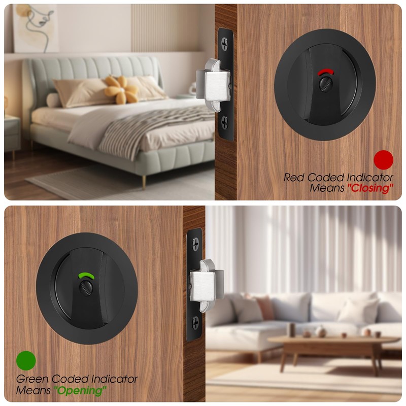 Aglehome Matte Black Pocket Door Hardware with Indicator, Contemporary Privacy