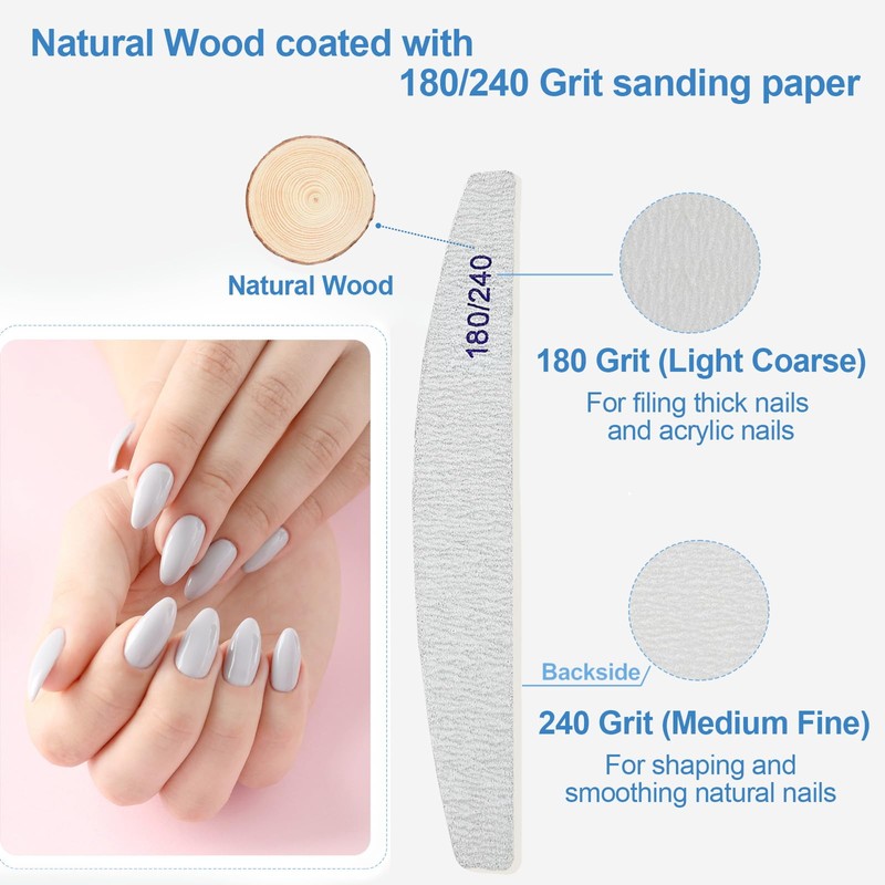 Nail Files (12 Pack), 180/240 Grit Wooden Emery Board Nail