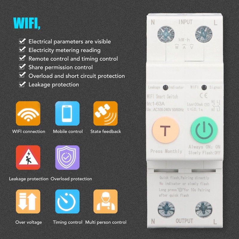 WiFi Circuit Breaker Parameters Adjustable Leakage Protection Data Display Remote