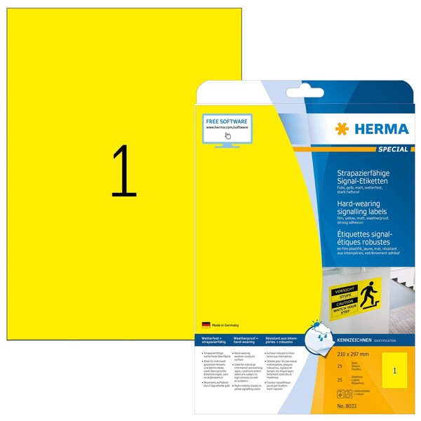 HERMA 8033 Wetterfeste Folienetiketten, 25 Blatt, 210 x 297 mm,