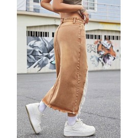 AprPith Womens Casual High Waisted Denim Midi Skirt Slit Frayed Raw Hem Cargo Jean Skirts with Pockets