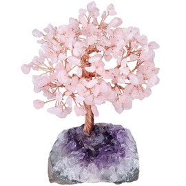 Nupuyai Natural Rose Quartz Gemstone Tree Raw Stones Decorative Feng Shui Money Tree Figures for Desk and Altar, Crystal Tree with Amethyst Druze Cluster Crystal Base