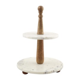 Mud Pie, Brown/White, 16" x 12" Marble and Wood Tiered Server