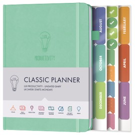 Daily Planner & appointment diary - Gratitude journal, wellness journal & Undated weekly planners and organisers - Desk journals for women & men - LUX Productivity Classic (MINT GREEN)