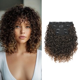 FLUFYMOOZ 4PC Clip in Hair Extensions, 10 Inch 100％ Pure Protein Silk Short Hairpiece Deep Curly Wavy Hair Extensions Clip in Natural Soft Hairpiece for Women-Dark Almond brown with copper