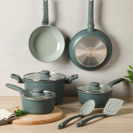 Gibson Home Barnsdall 10 Piece Premium PFA Free Ceramic Nonstick Pots and Pans Aluminum Cookware Set W/Kitchen Tools - Sage Green