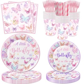 120 Pcs Butterfly Baby Shower Party Supplies Pink A Little Butterfly Is On The Way Party Decorations Includes Paper Plates Napkins Cups Straws Forks for Butterfly Girls Gender Reveal 1st Bday Favors