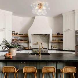 Semi Flush Chandelier Gold, Modern Light Fixtures Ceiling Mount Visual Comfort Lighting Pendant 3 Light Dining Chandeliers Over Table Glass 17.72in 13 Clear Swirled Globe for Foyer Bedroom Kitchen