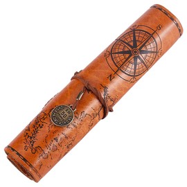 GORGECRAFT PU Leather Pencil Bag Strap Vintage Treasure Map Compass Cover Rollup Storage Organizer Retro Pen Bag Wrap Roll Case Holder Portable Stationery Pouch with Alloy Charming Rectangle(Peru)