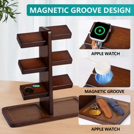 Xnwouco Watch Stand for Men, Watch Display Stand with Charger Groove, Wooden Watch Holder Stand, Jewelry Holder Organizer for Rings, Jewelry, Coins Bracelets, Great Gifts for Men Women, Brown