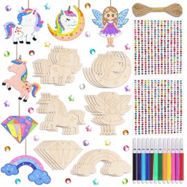 24Pcs Unicorn Theme Unfinished Wooden Craft Set - 6 Types Wood Blank Ornaments of 4 Each with Markers, Stickers and Rope - DIY Wood Cutouts for Birthday Party Favors, Christmas and Room Decor