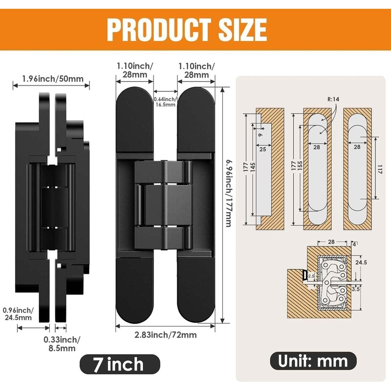 Lipshome 7" Hidden Door Hinge/Concealed Hinges,Invisible Hinges,Invisible Door Silent 180