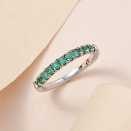 TJC Emerald Half Eternity Ring for Women in Platinum Plated 925 Sterling Silver Size L Prong Setting Green Coloured May Birthstone Metal Wt. 2 Grams