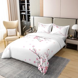 Cherry Blossoms 100% Cotton Duvet Cover 135 x 200 cm, Girls' Pink Flowers Bedding Set, Spring Japanese Flowers Bed Set, Pale Pink Petal Comforter Cover, Romantic Branch Bedding Cover
