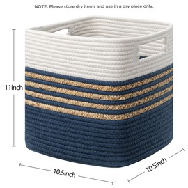 UBBCARE Set of 3 Storage Cubes 11 X 10.5 X 10.5 in, Water Hyacinth Storage Bins for Shelves, Toys, Book, Storage Baskets with Handles, Cotton Rope Woven Baskets for Organizing, Navy Blue