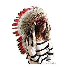 Native American Inspired Headdress - Handcrafted with Genuine Feathers and Beads (Red)