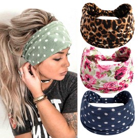 scicent Headbands 3 Pieces Boho Head Scarfs Elastic Soft Hairband Flower Leopard Printed Yoga Sport Hair Accessories Headbands for Women's Hair - 5008