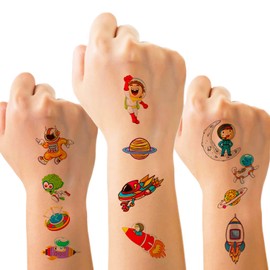 10 Sheets(120PCS) Space Temporary Tattoos for Kids Cartoon Fake Tattoo Stickers Cute Astronaut Rocket Alien UFO Star Design Waterproof Body Art Tattoo Sticker for Kids Birthday Party Decor Supplies