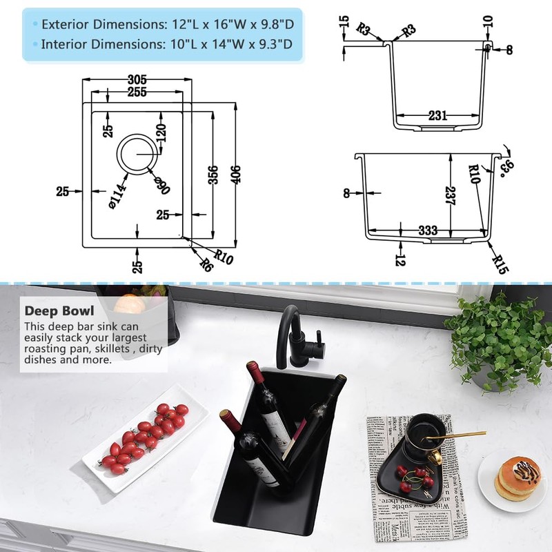 12 Inch Black Bar Sink Undermount-VASOYO 12x16 Rv Sink Kitchen