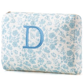 HBselect Initial Makeup Bag, Quilted Makeup Bag, Cotton Large Travel Makeup Bag, Cute Floral Coquette Make up Bag Cosmetic Bag Toiletry Bag for Women Girls D