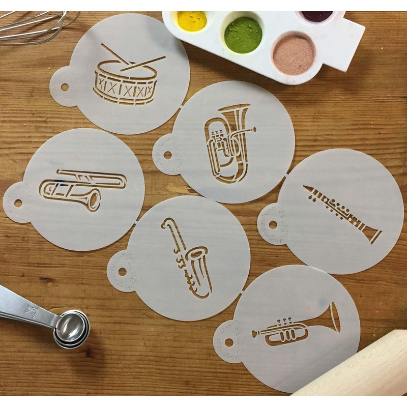 Designer Stencils C953 Marching Band Instruments Cookie Stencil, Beige/Semi-Transparent, Fits