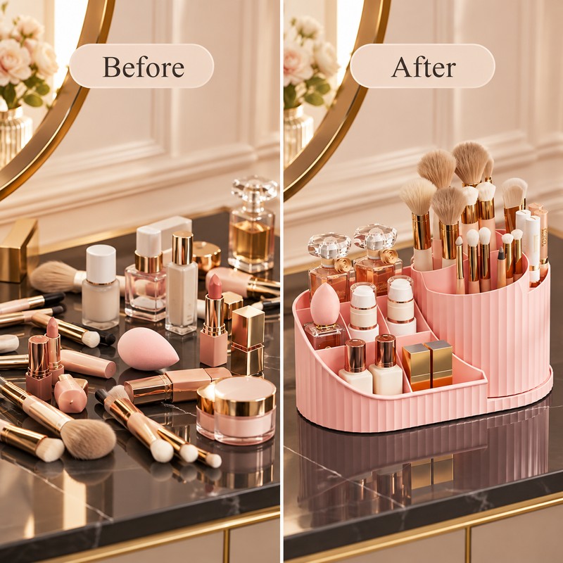 360° Rotating Makeup Organizer for Vanity – Multi-Compartment Cosmetic Storage