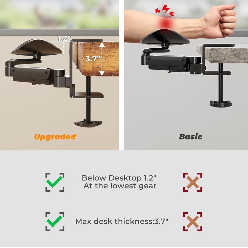 JOY worker Upgraded Clamp-on Adjustable Armrest, Above/Below Table Extension Platform