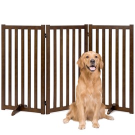 36" Height Extra Tall Freestanding Pet Gate, Solid Wood Folding Safety Fence Wooden Dog Gate with 2 PCs Support Feet Ideal for Stairs, Doorways, Halls, Kitchens, Heavy Duty Gates, 3 Panels, Walnut