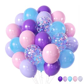 ZOOYOO 50pcs Balloons 12 Inch Pastel Purple Pink Blue Confetti Balloons for Girls Birthday Parties, Baby Shower, Mermaid Theme, Under The Sea Decorations
