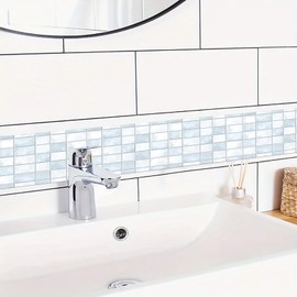 HOMETITUTE Wallpaper Border Peel and Stick Decorative Wall Trim Self Adhesive Mosaic Accent Strip for Bathroom Kitchen Mirror Frame Wall Decor Bedroom Living Room 4x196 Inch Modern Blue Pattern Design