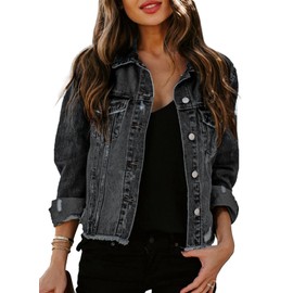 Sidefeel Women's Jean Jacket Oversized Denim Jacket Distressed Ripped Shackets Coat 2025 Spring Outfits Black X-Large