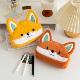 XZR Cute Pen Bag Makeup Bag Case Box Stocking Stuffers Vivid Creative Animal Fox Cartoon Large Capacity Plush Fluffy Zipper Organizer Makeup Storage Bag Box Stylish Nice Gift (Orange)