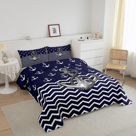 Nautical Anchor Comforter Set Twin Size Navy Blue White Geometric Stripes Bedding Set 2Pcs Kids Boys Teens Room Decor Abstract Ocean Waves Quilt Set Sea Adventure Duvet Insert,1 Pillowcase