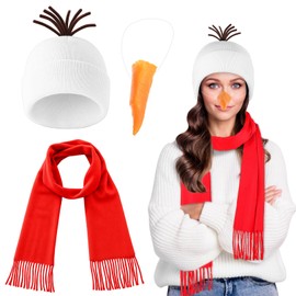 Toulite 3 Pcs Snowman Costume Kit Unisex White Beanie Hats Carrot Nose and Red Scarf for Christmas Costume Accessories Winter Cosplay Party