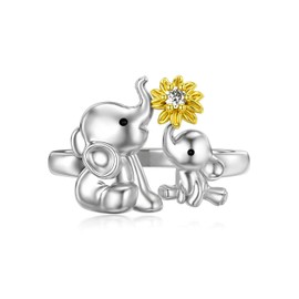 LONAGO Elephant Ring Silver Mother Elephant Stacking Ring Gift for Women (Size 7)