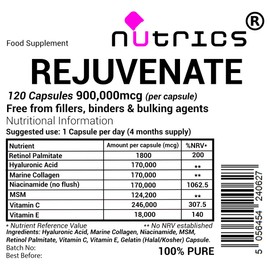Nutrics® REJUVENATE 900 Retinol A Hyaluronic Acid Marine Collagen Niacinamide MSM Vitamin C & E 120 Capsules (4 Month Supply) - 100% Pure No fillers (120)