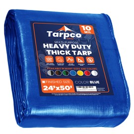 Tarpco Safety Heavy Duty 10 Mil Tarp Cover, Waterproof, UV Resistant, Rip and Tear Proof, Poly Tarpaulin with Reinforced Edges for Camping, Roof, Patio, Pool, Boat. (Blue 24′ X 50′)