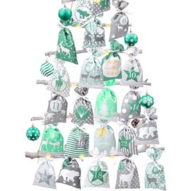 Advent Calendar to Fill, Grey (12 x 20 cm), 24 Fabric Bags, Chain, for DIY, Crafts and Hanging, 2024 Christmas Calendar to Fill Yourself, with Grey Fabric Bags for Children, Green