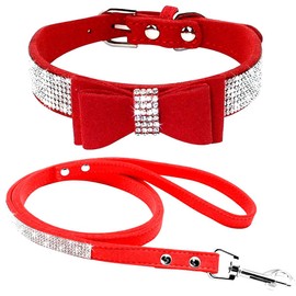 Haoyueer Cute Dazzling Sparkling Elegant Fancy Soft Suede Leather Bling Rhinestone Crystal Jeweled Pet Cat Dog Puppy Collar Dog Leash Combo Set (S, Red-1)
